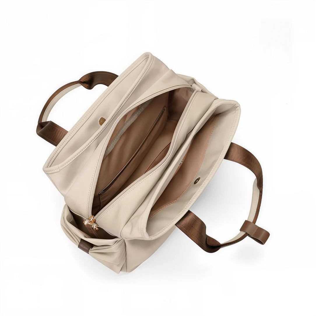 Sac à main tendance Mirel avec tote beige ouverte et poignées marron