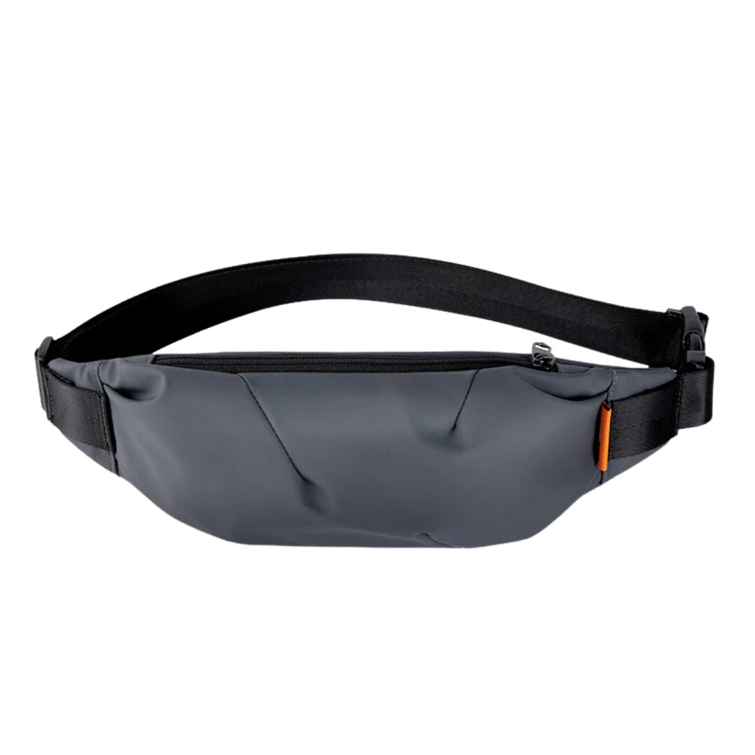 Sac banane imperméable gris avec bandoulière noire pour un style pratique