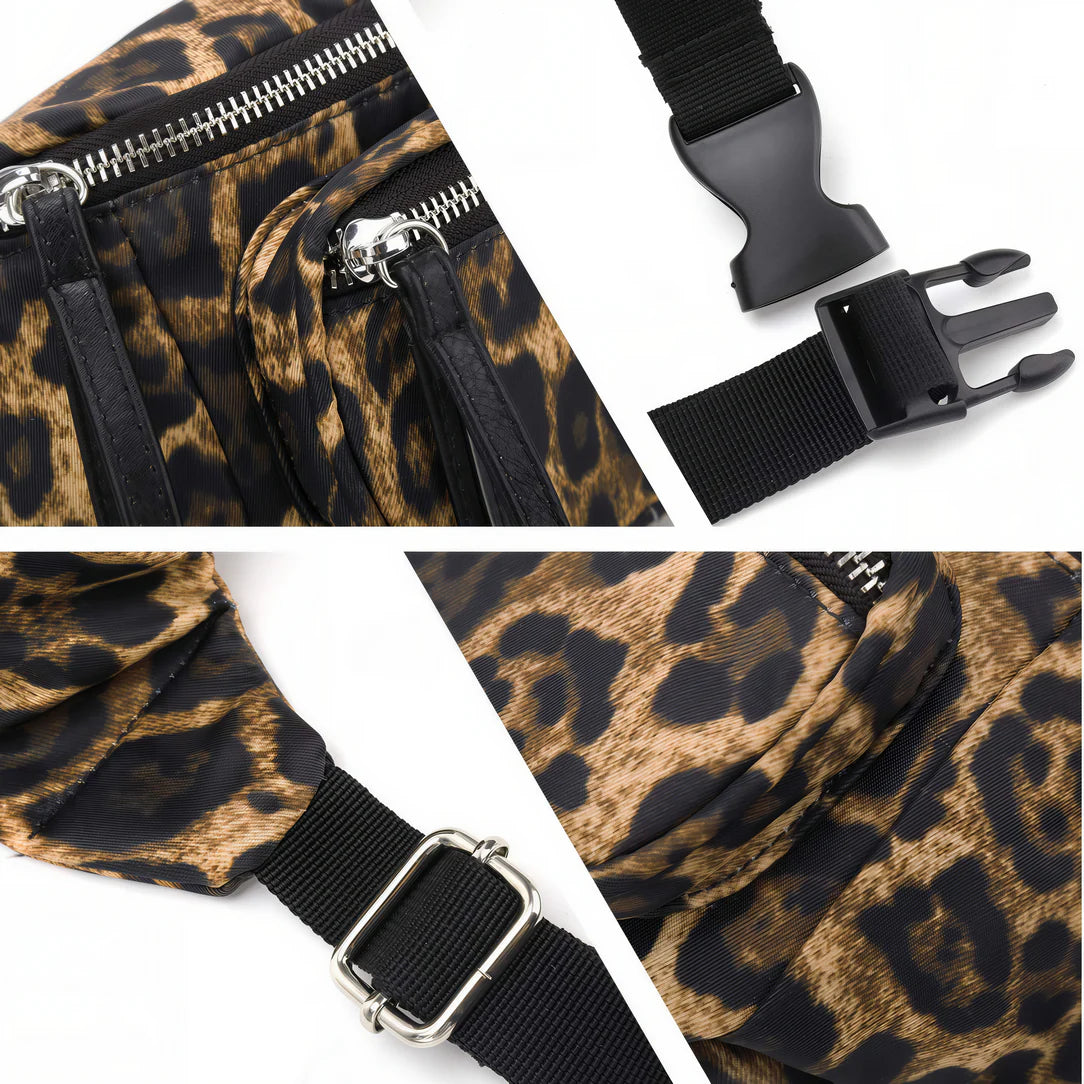Sac banane multipoches léopard avec sangle noire, sac banane tendance et pratique