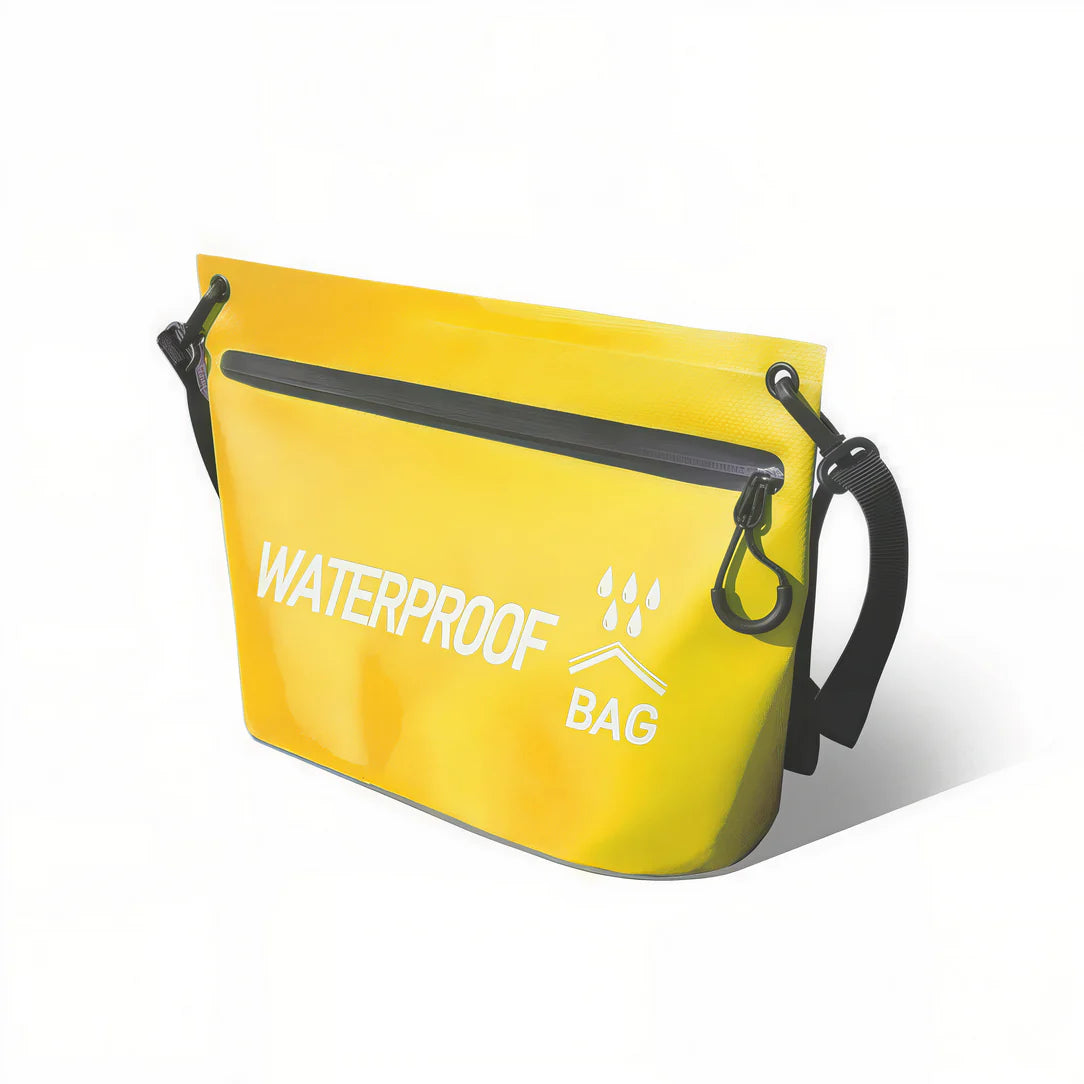 Sac banane waterproof jaune avec bandoulière noire, idéale pour la plage et la pluie