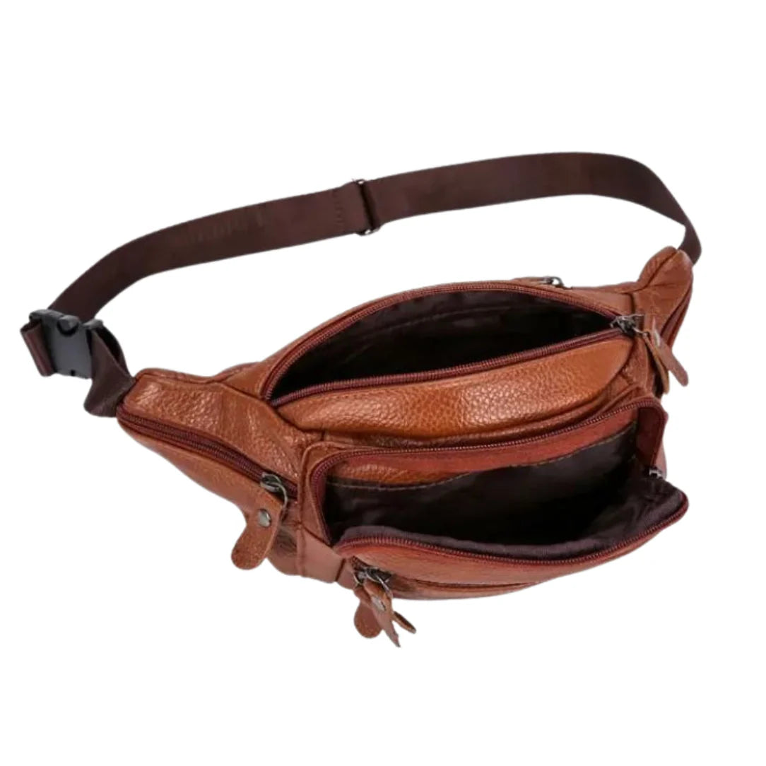 Sac banane XL cuir en cuir marron avec multiple compartiments zippés pour un style pratique