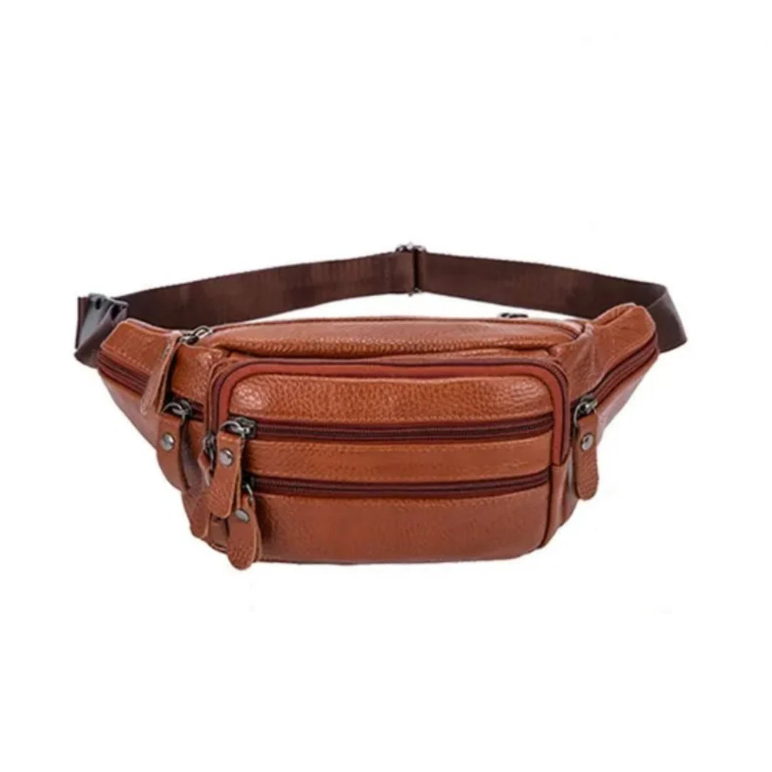 Sac banane XL cuir en marron avec plusieurs compartiments zippés, parfait pour le style et la praticité