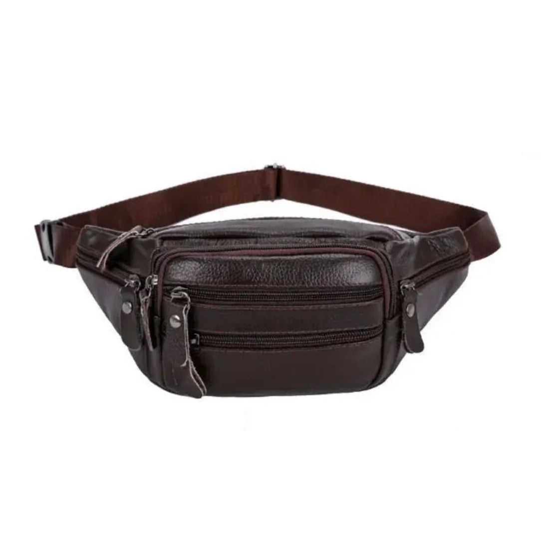 Sac banane XL cuir avec boucle en bronze, design élégant en brun authentique