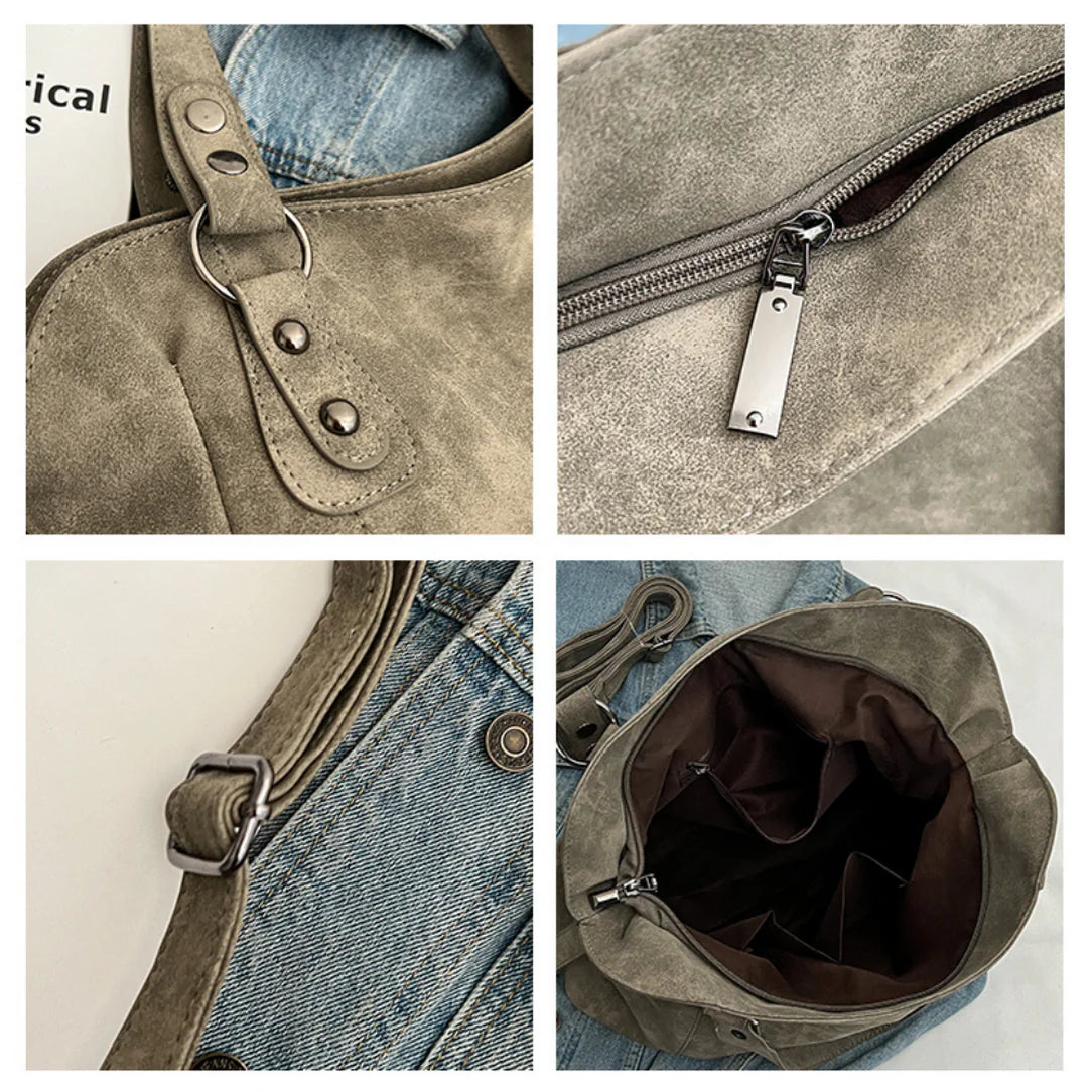 Sac bandoulière Myndra en similicuir souple gris faux suede pour un style élégant