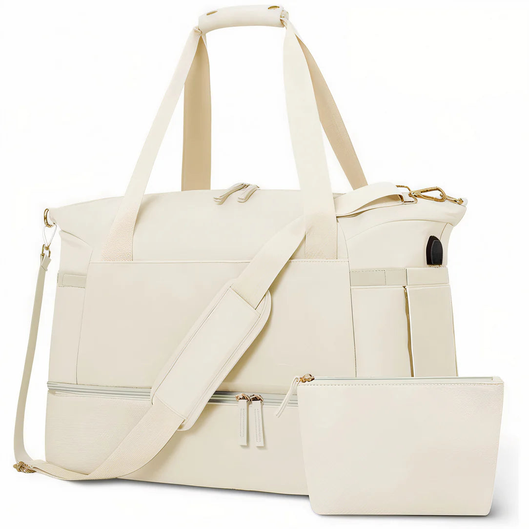 Sac bandoulière femme voyage crème avec toilettte assortie et pochette assortie