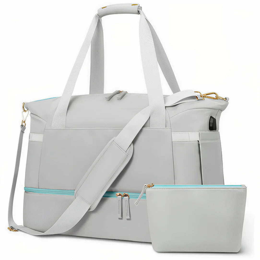 Sac bandoulière femme voyage gris avec toilette assortie et pochette assortie