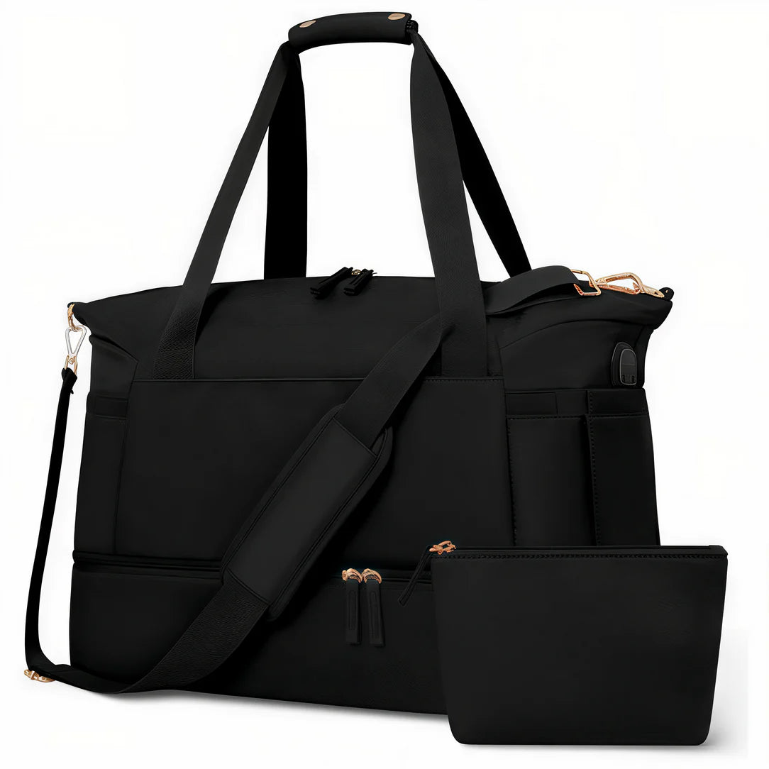 Sac bandoulière femme voyage avec toilette assortie, sac noir duffel et pochette cosmétique