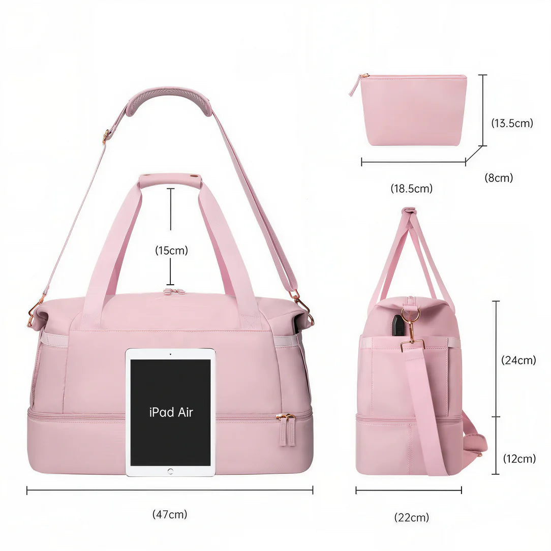 Sac bandoulière femme voyage pink avec dimensions et toilette assortie Molfmy