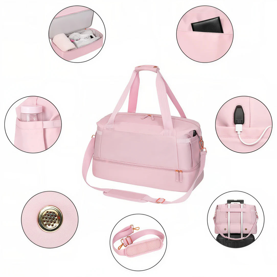 Sac bandoulière femme voyage pink avec compartments, toilette assortie, fonctionnalités