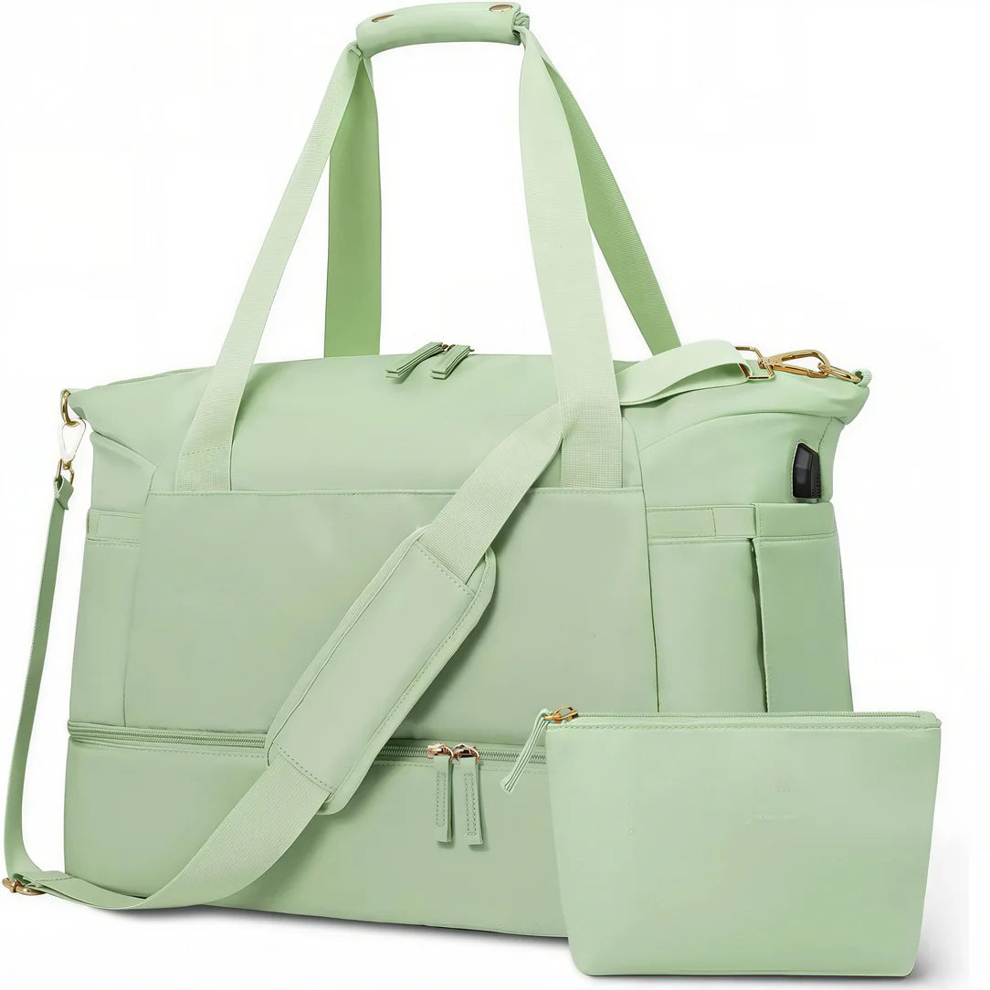 Sac bandoulière femme voyage avec toilette assortie, sac vert clair et cosmétique