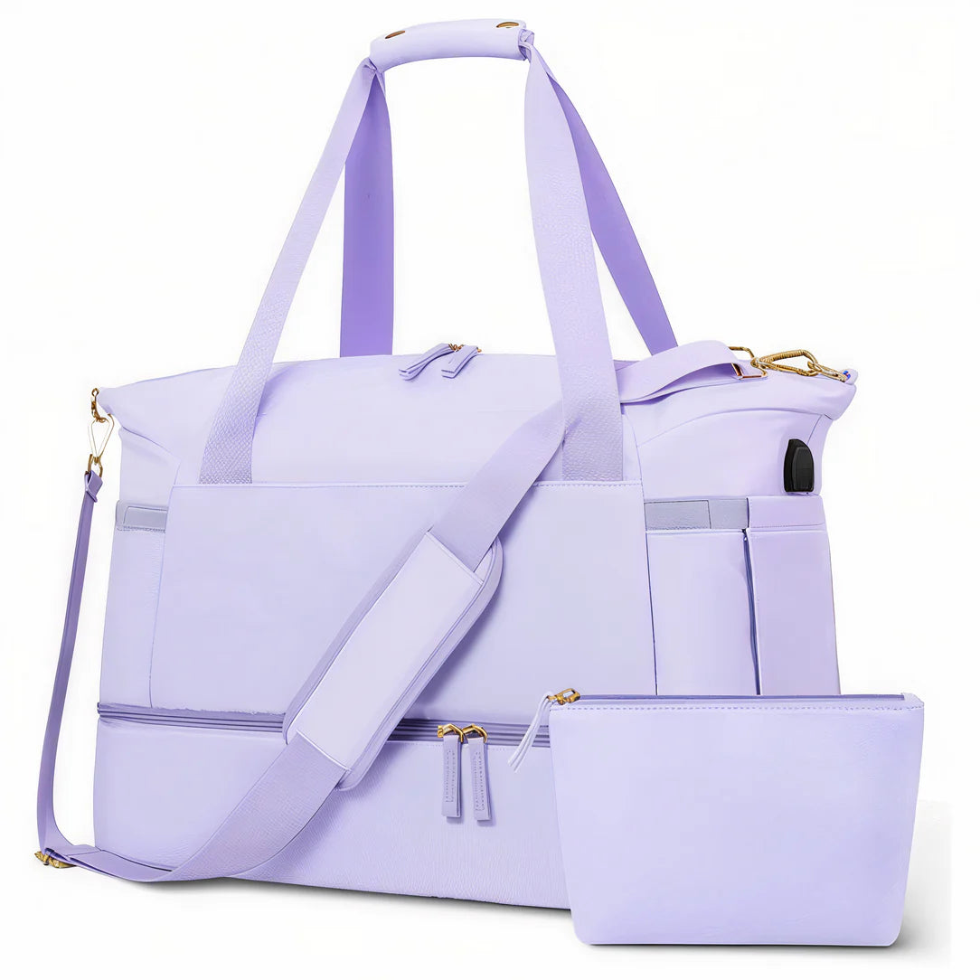 Sac bandoulière femme voyage lavender avec toilette assortie et pochette assortie