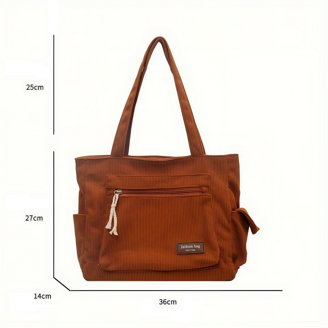 Sac besace velours côtelé marron avec dimensions, élégant et pratique