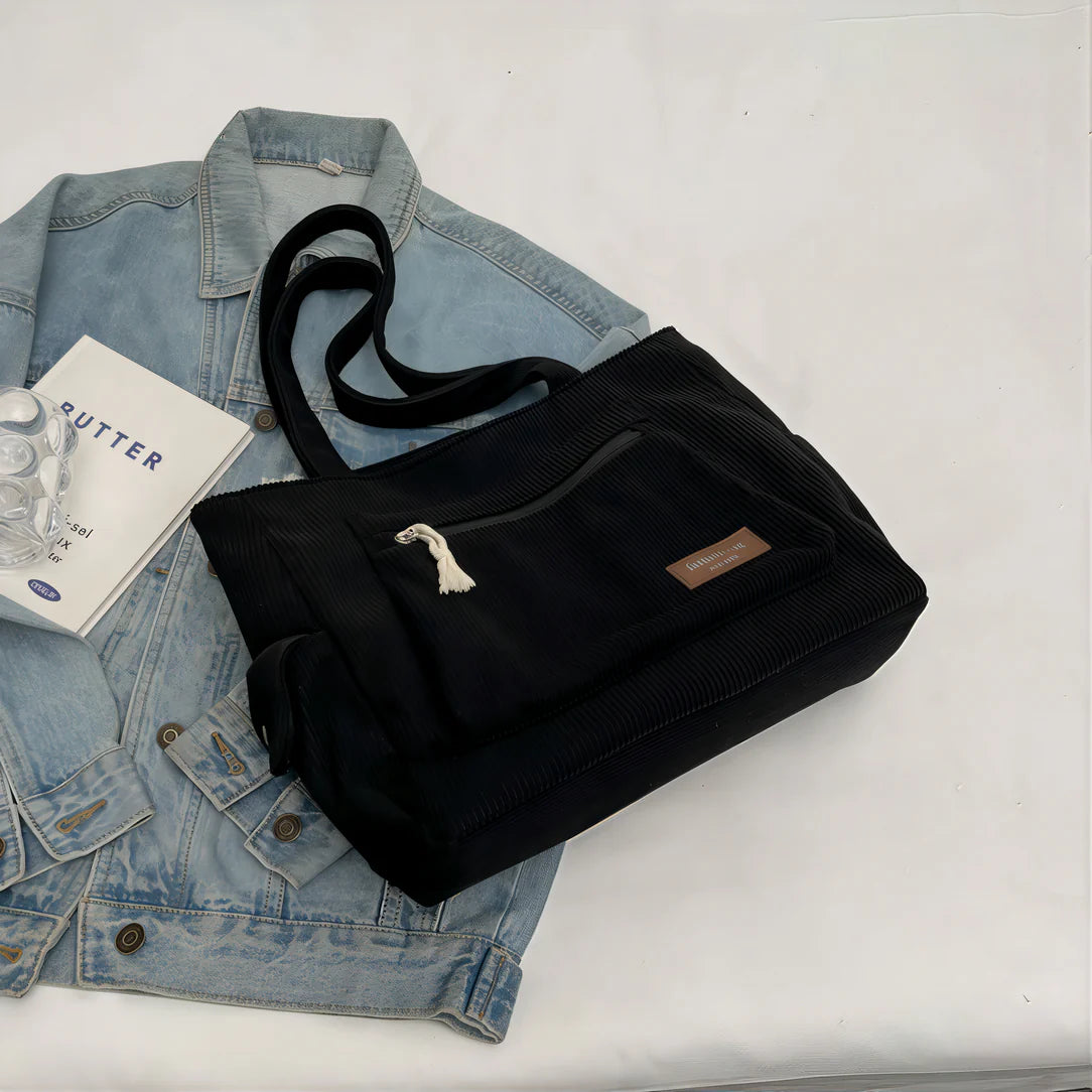 Sac besace velours côtelé en corduroy noir, élégant sac porté épaule femme