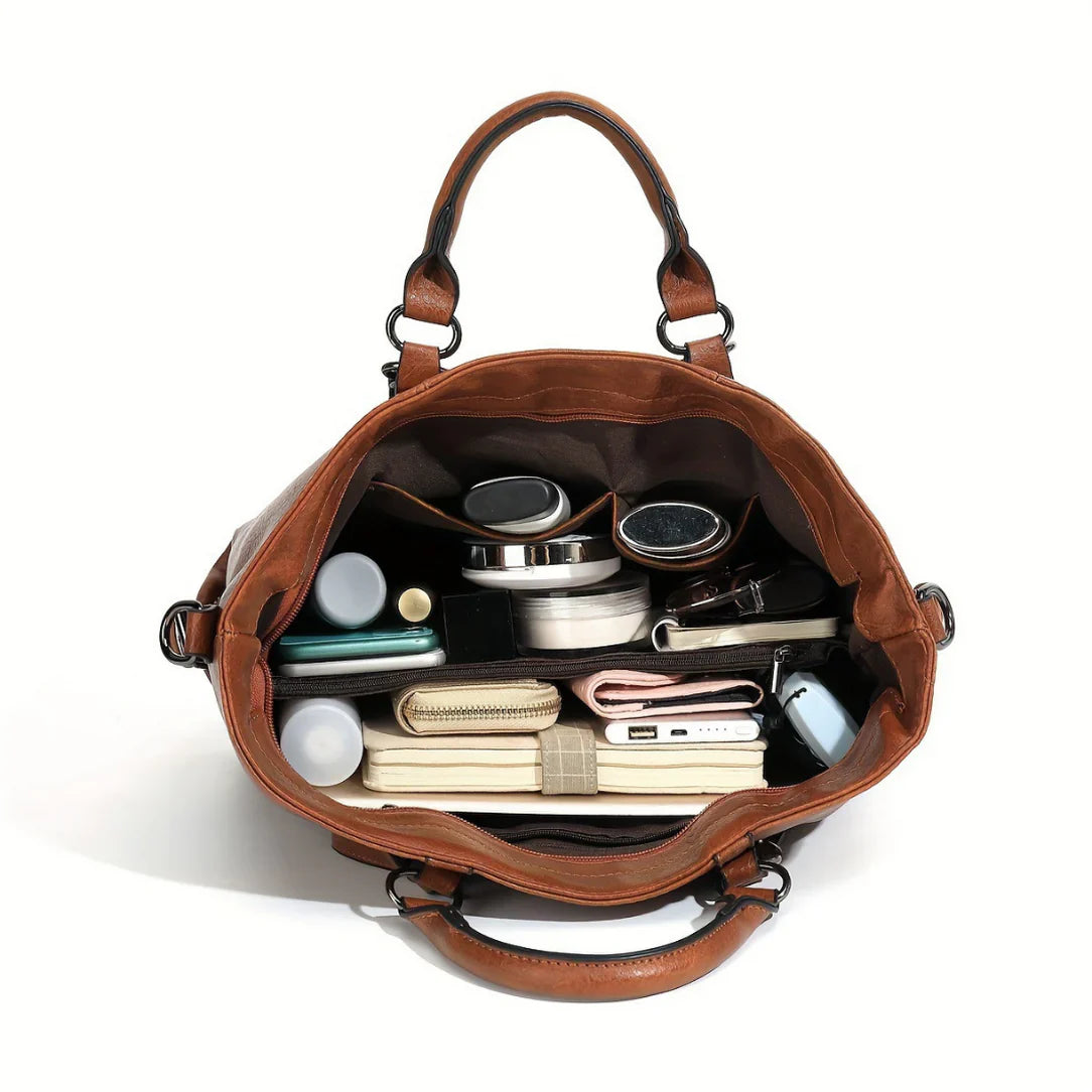 Sac cabas simili cuir Volantis rempli d’articles, élégant sac cabas en simili cuir