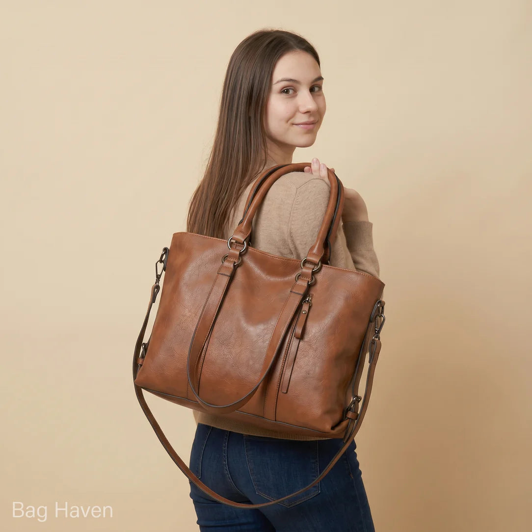 Sac cabas volantis en cuir marron avec double poignée et bandoulière amovible pour usage quotidien