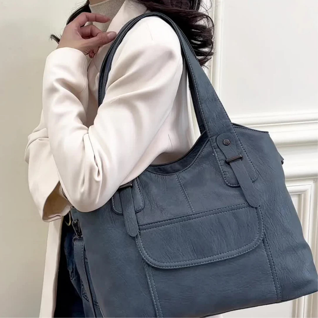Sac cabas en cuir souple avec port main, élégant sac à bandoulière bleu Varenzo