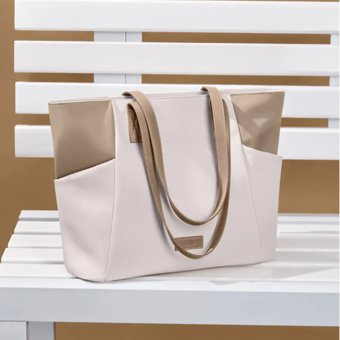 Sac cabas femme avec deux tons et poignées épaules, parfait pour un look tendance