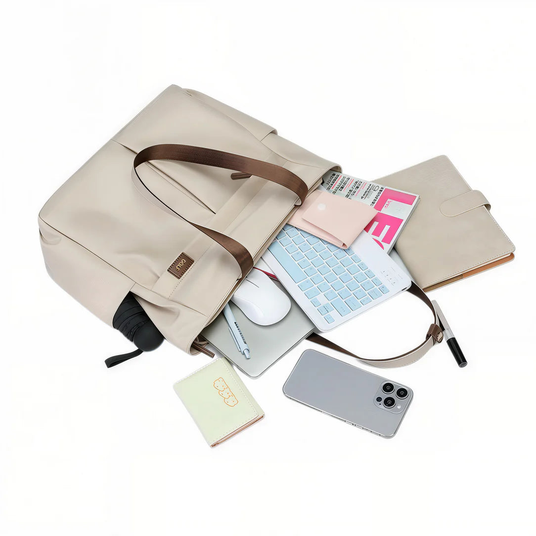 Sac cabas multipoches Vélina en beige avec brown straps pour un style pratique et chic