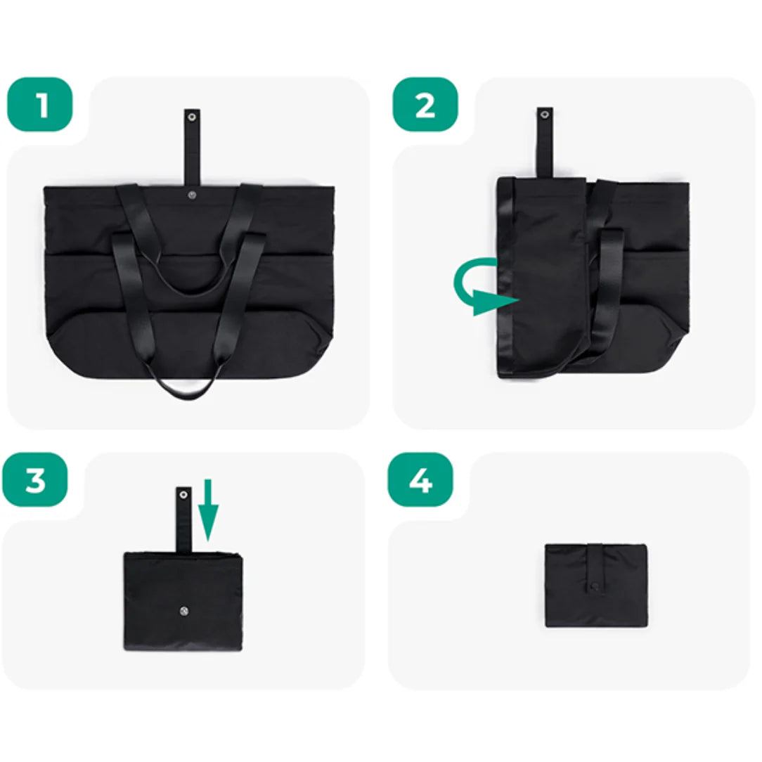 Alt text: Sac cabas tissu pliable noir, grand format, idéal pour shopping et loisirs