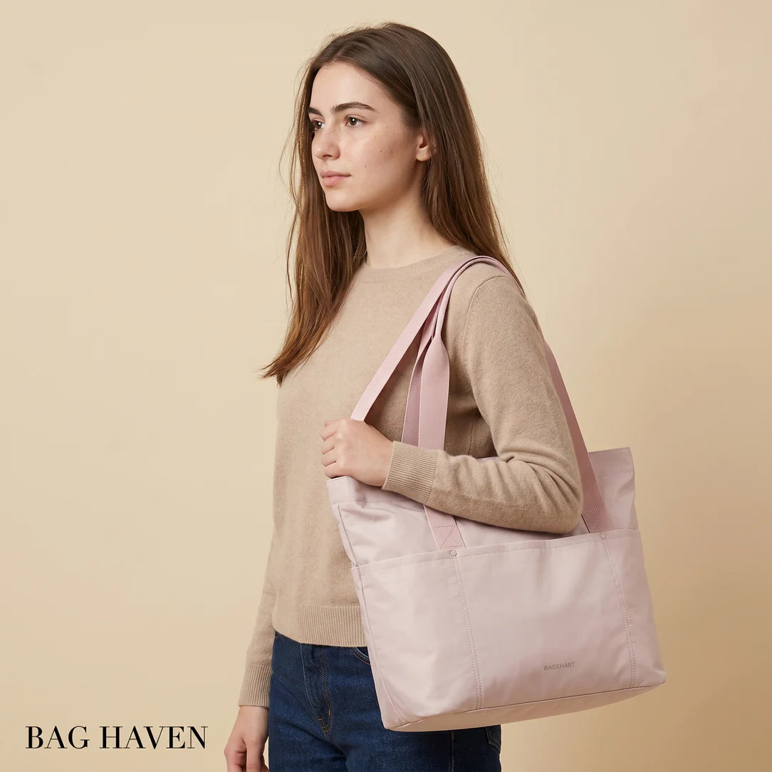 Sac cabas tissu grand format pliable en tissu rose doux avec anses assorties et coutures discrètes