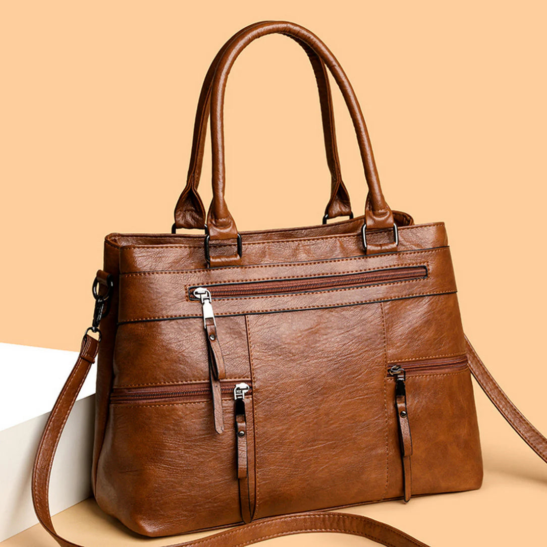 Sac de cour en cuir Vander, sac à main brun en cuir avec multiples poches zippées