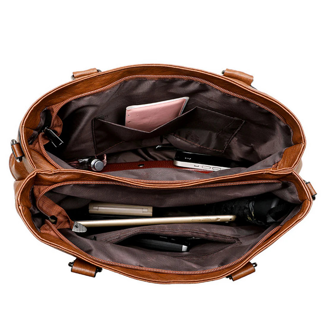 Sac de cour en cuir Vander avec sac en cuir brun ouvert, style élégant et pratique