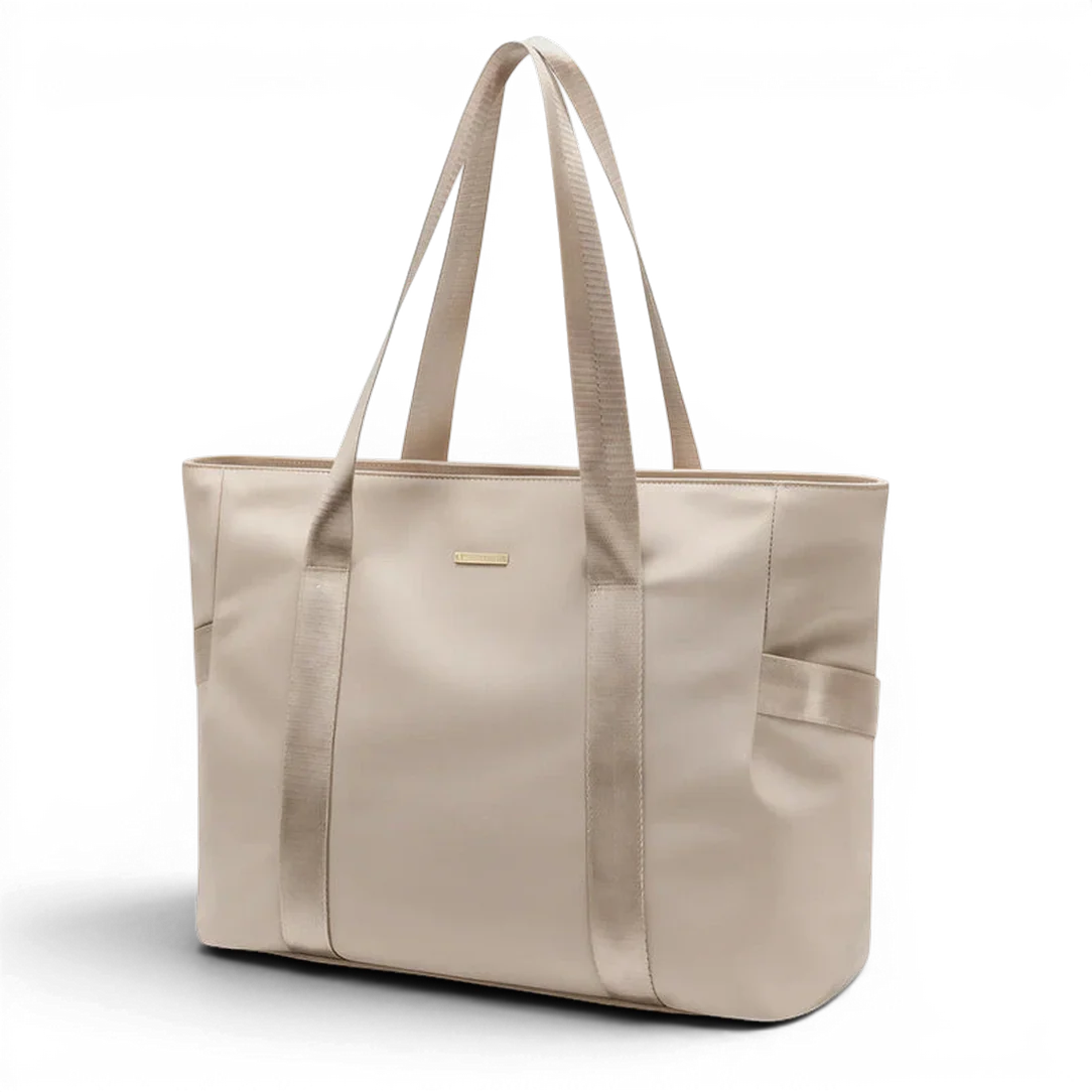 Beige sac de cour étudiante myriade en toile avec bretelles assorties et plaque logo dorée pour effets personnels