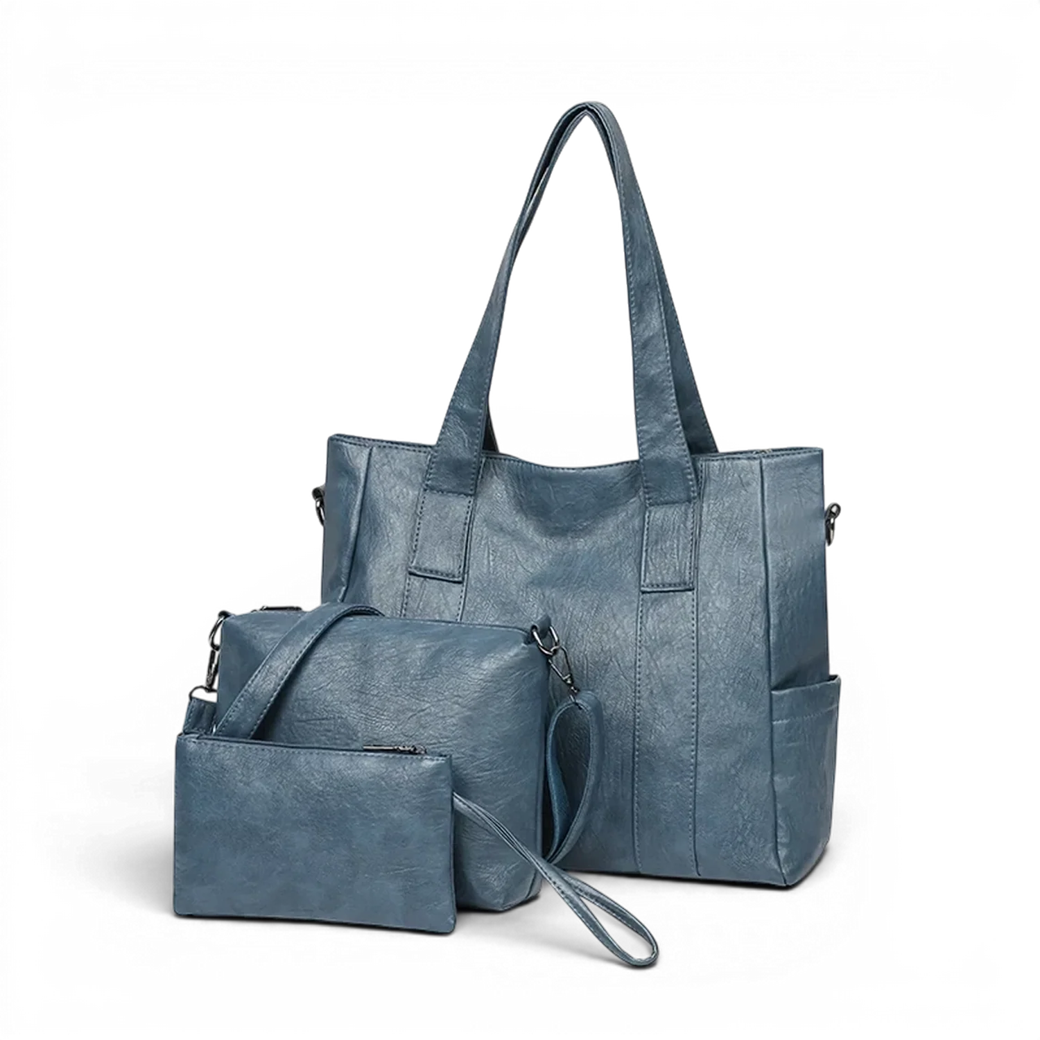 Sac de cours à bandoulière chic 3 ensembles bleu en cuir synthétique avec tote, sac bandoulière et pochette