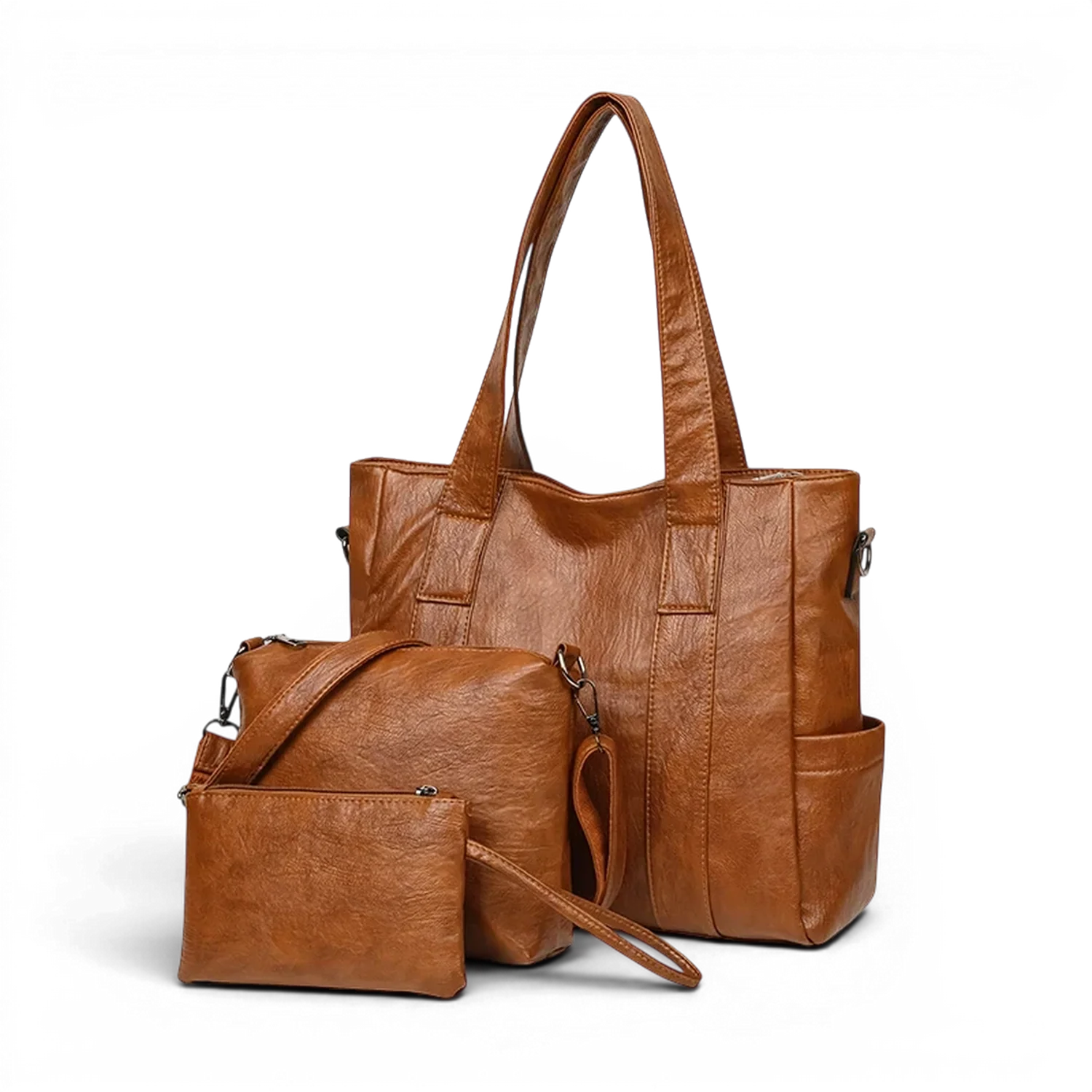 Ensemble sac de cours à bandoulière chic wanderval en simili cuir marron avec grand tote crossbody moyen et petite pochette