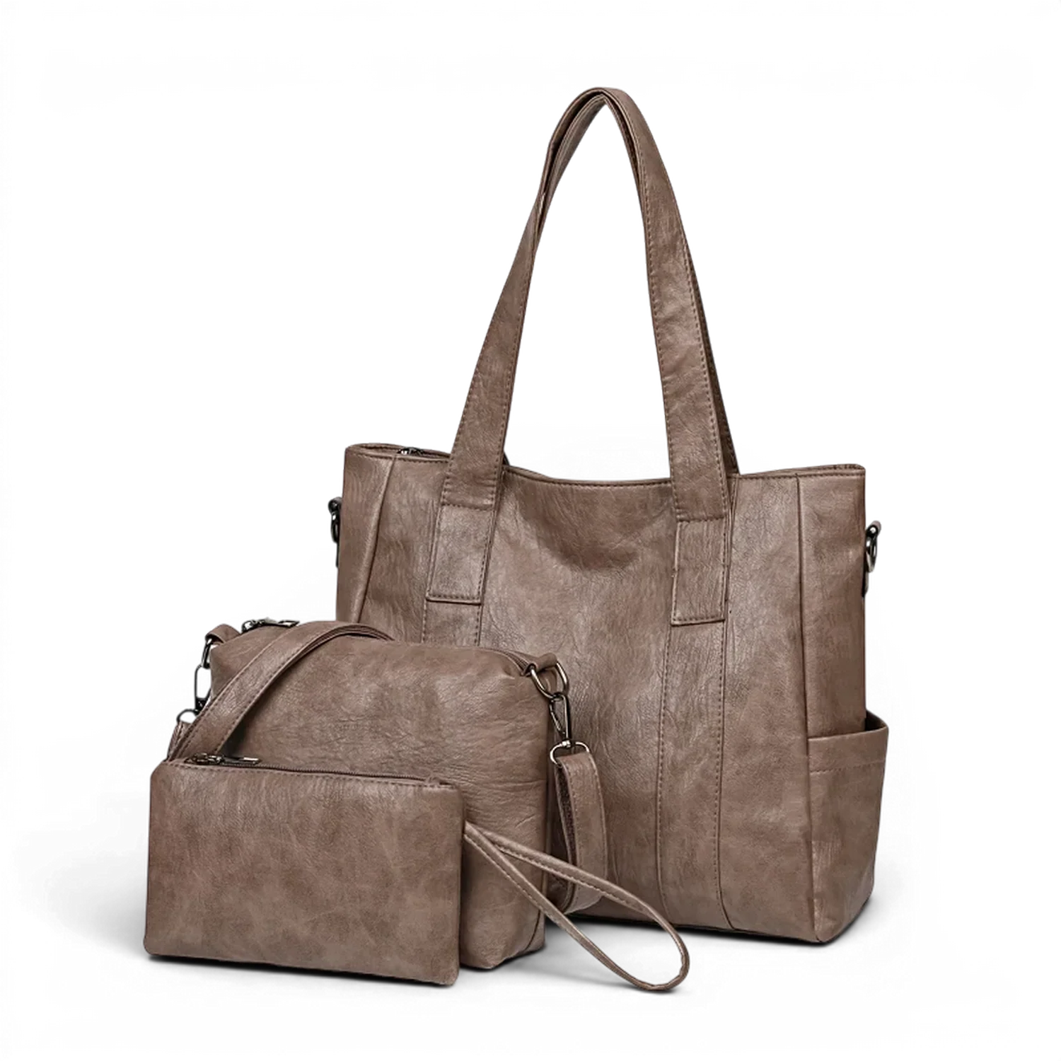 Beige sac de cours à bandoulière chic 3 ensembles en cuir synthétique avec tote, sac bandoulière et pochette assortis