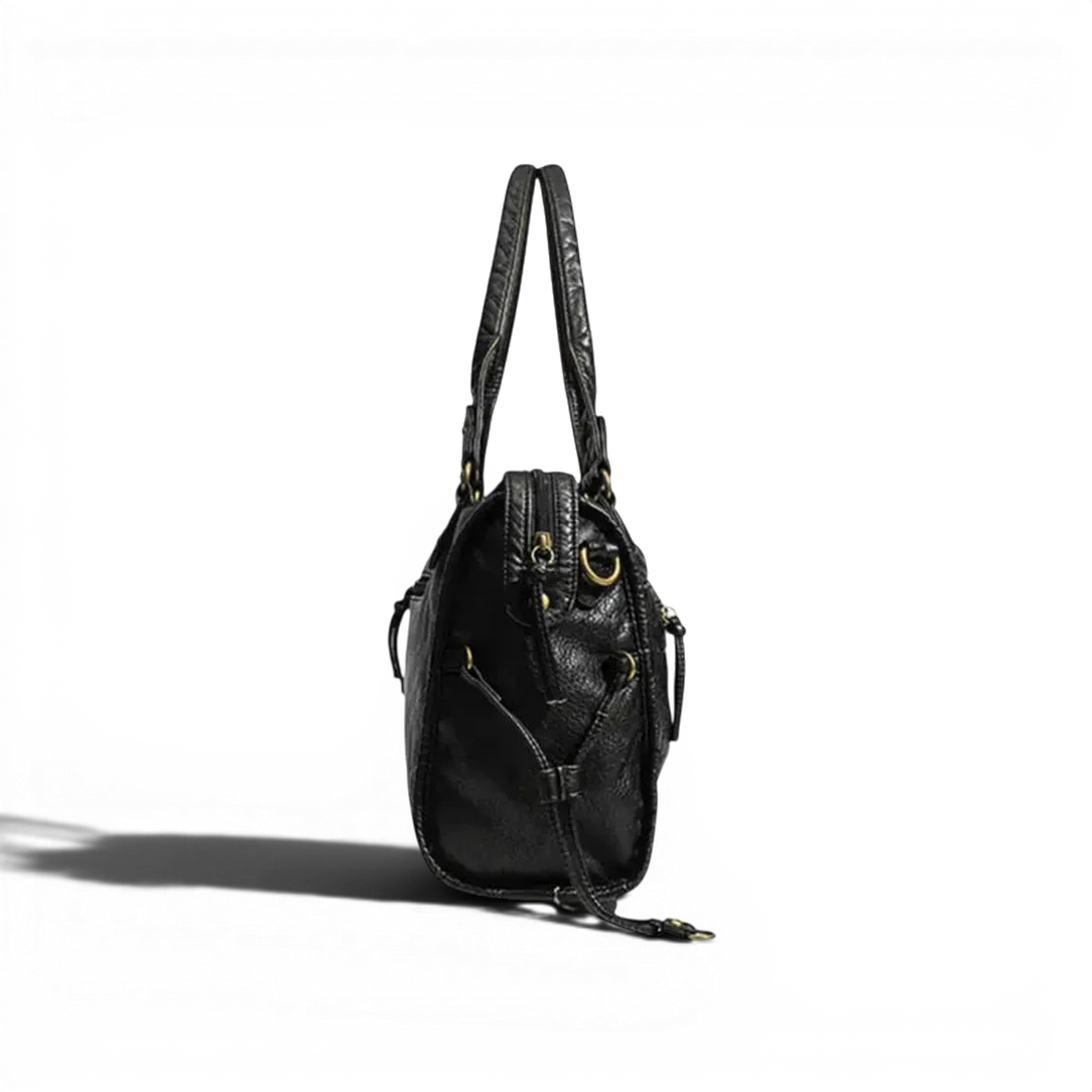 Sac de cours klassi en cuir noir avec poignées supérieures doubles et ferrures dorées