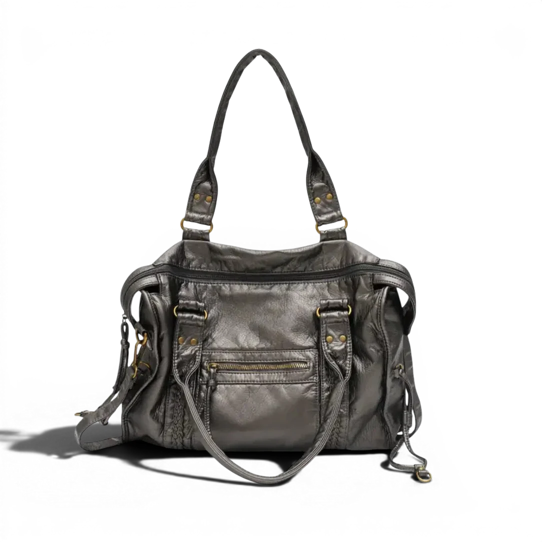 Sac de cours klassi en cuir métallisé gris avec design élégant pour usage quotidien