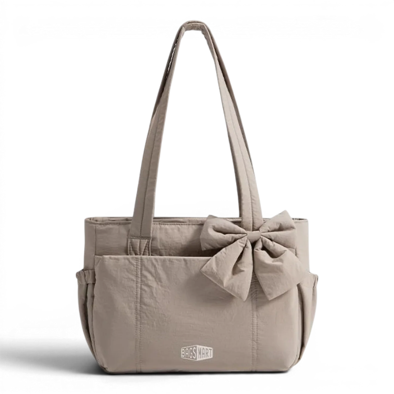 Sac de cours souple beige matelassé avec un grand nœud sur le devant et bandoulière flora