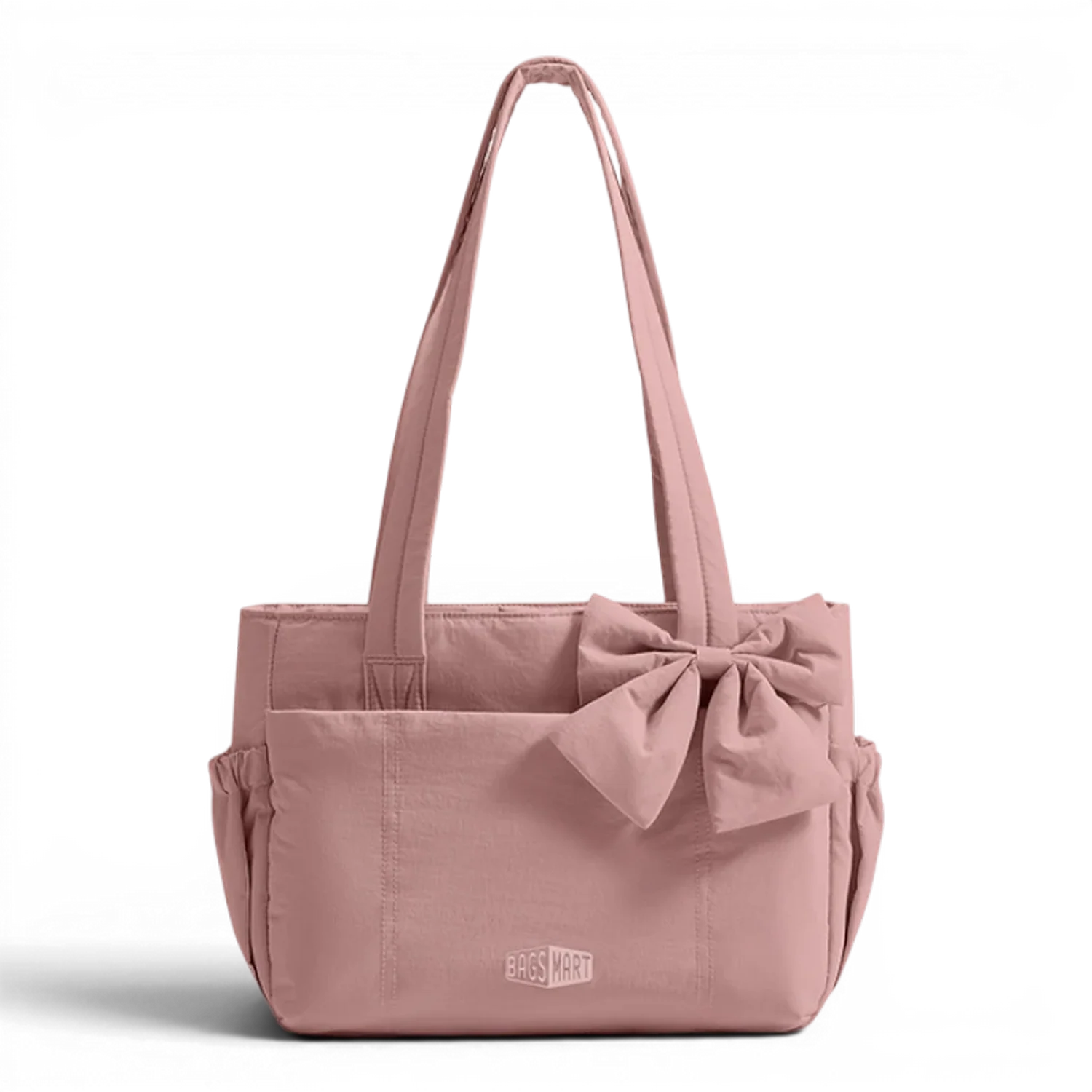 Sac de cours souple à bandoulière flora en tissu rose doux avec un nœud avant et poignées renforcées