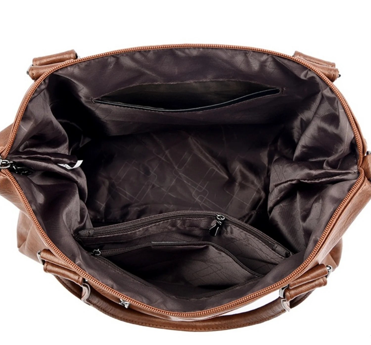 Sac de cours structuré élégant Athéna en cuir marron avec doublure intérieure marron foncé et compartiments zippés multiples