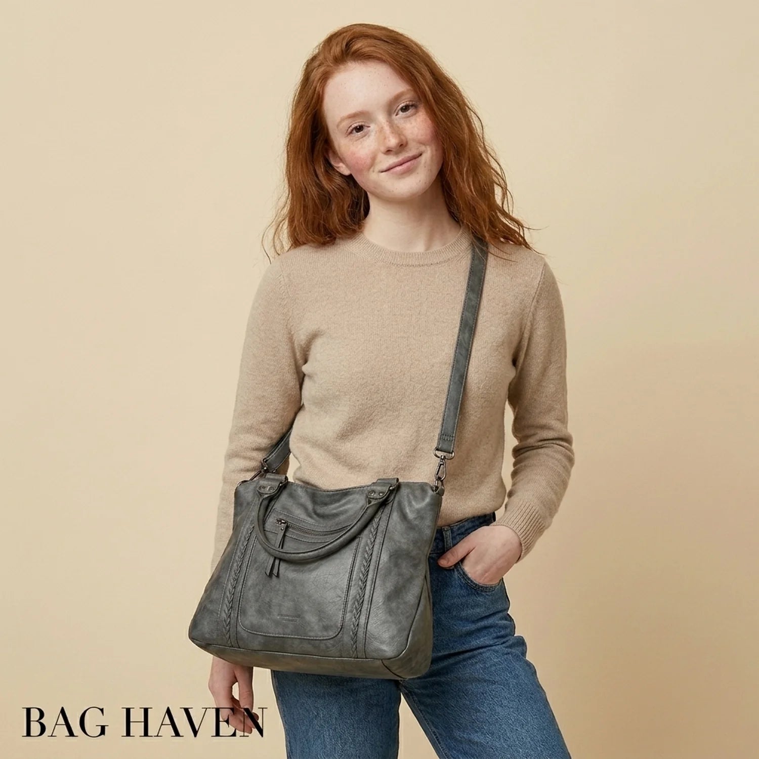 Sac de cours athéna en cuir gris texturé avec détails tressés et poignée supérieure élégant et structuré