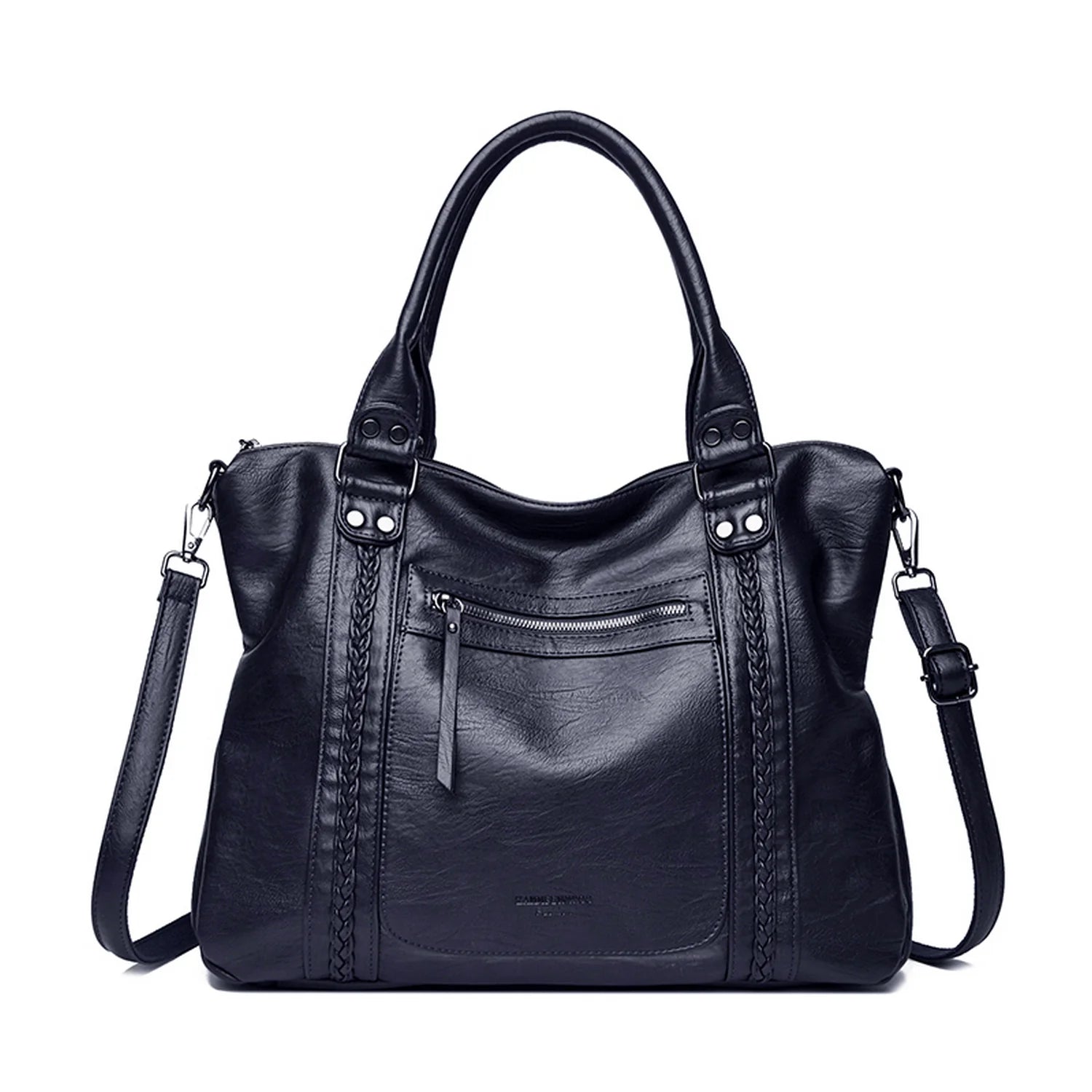 Sac de cours structuré élégant athéna en cuir noir avec détail tressé et bandoulière amovible