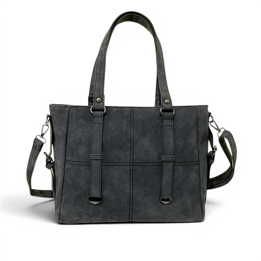 Sac de cours vintage mirado en suède gris foncé avec panneaux structurés et anses en cuir robustes