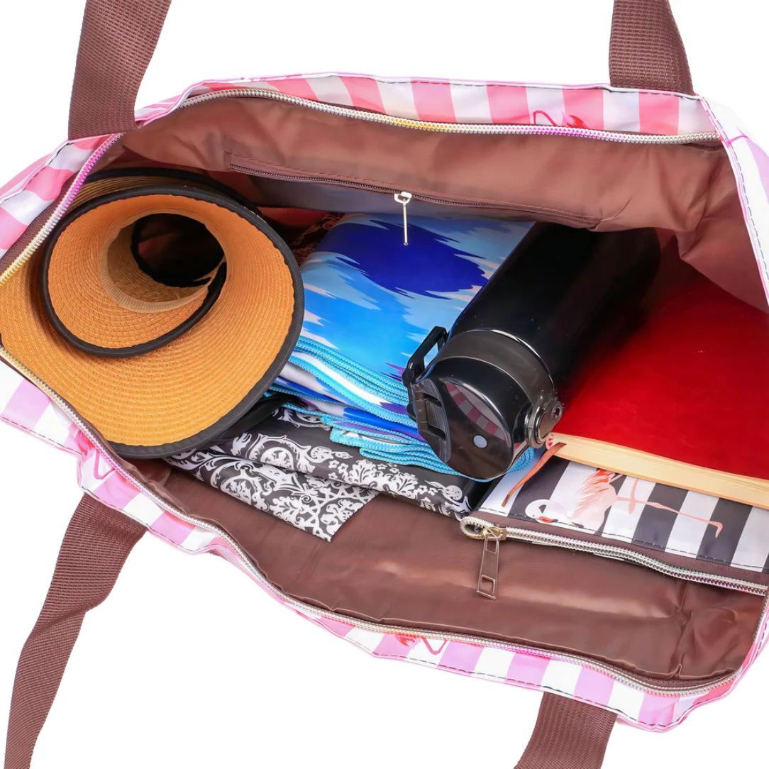 Sac de plage à motif imprimé Tropèze avec grand tote rose et blanc rayé