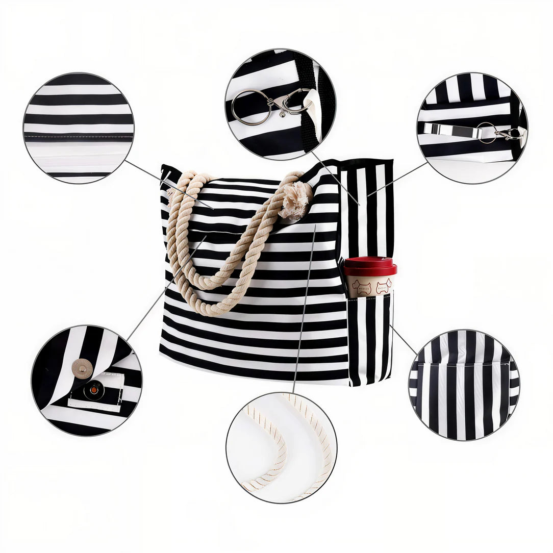 Sac de plage à rayure noir et blanc avec poignées en corde, idéal pour la plage à rayures