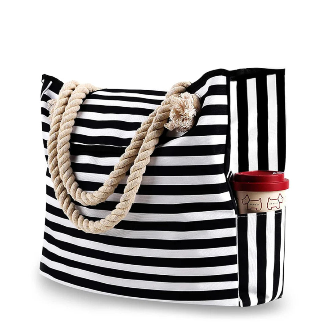 Sac de plage à rayures avec poignées en corde, idéale pour la plage à rayures