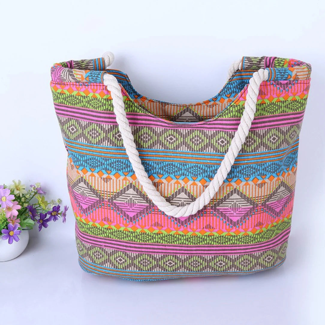 Sac de plage coloré aux motifs vifs avec poignées en corde pour un style original