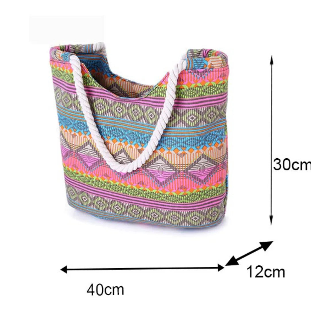 Sac de plage coloré aux motifs vifs avec poignées en corde pour un look tendance