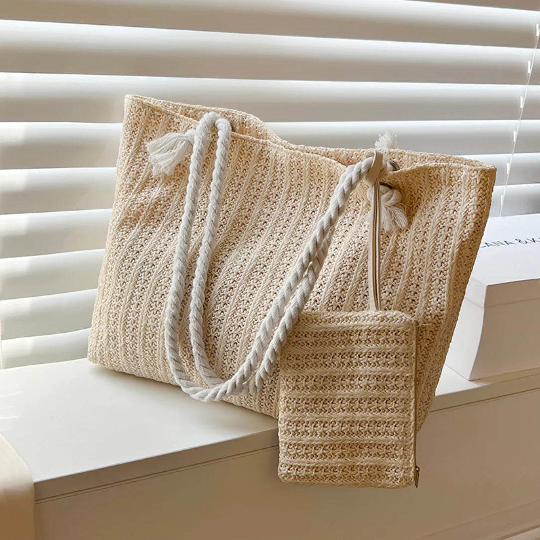 Sac de plage élégant Calypso avec pochette assortie et sacatin en tissage