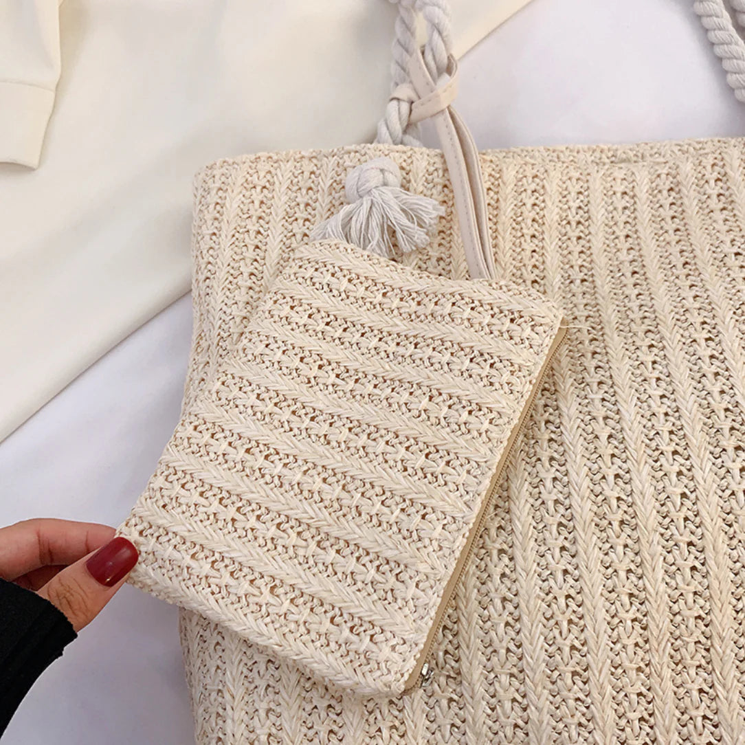 Sac de plage élégant Calypso avec sac en paille tissée et pochette assortie
