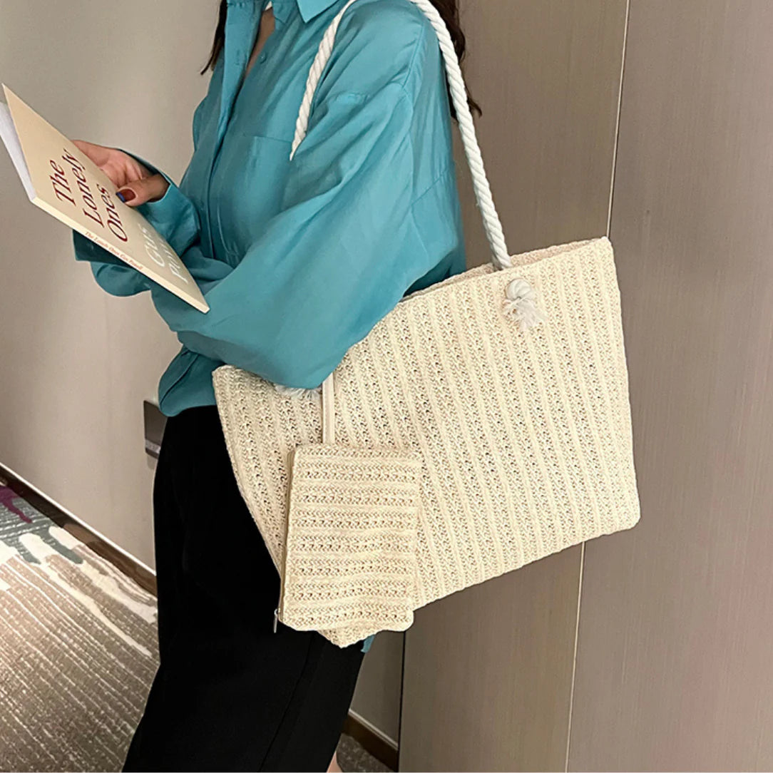 Sac de plage élégant Calypso avec un sac torsadé et une pochette assortie