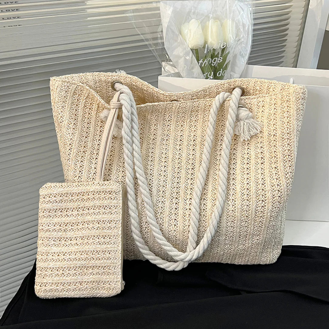 Sac de plage élégant Calypso avec pochette assortie et sac tissé à anses en corde