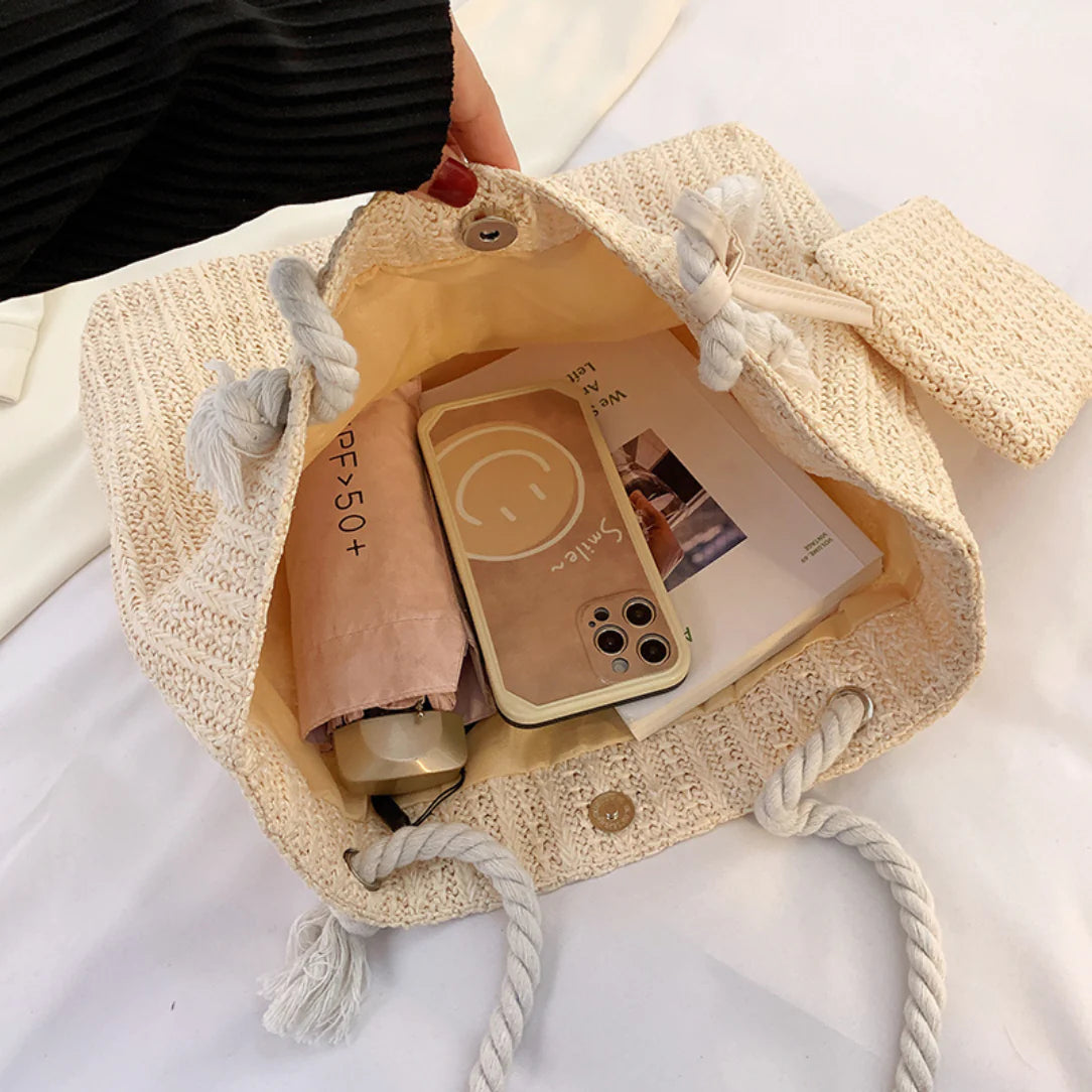 Sac de plage élégant Calypso avec pochette assortie et sac en paille tressée