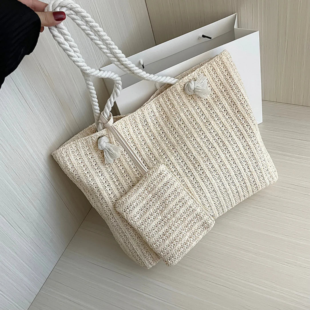 Sac de plage élégant Calypso avec pochette assortie et tote en tissage avec poignées en corde
