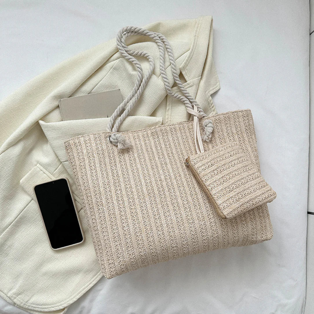 Sac de plage élégant Calypso avec pochette assortie et piques en corde beige